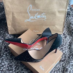 Louboutin Helmoon satin heels with rhinestones